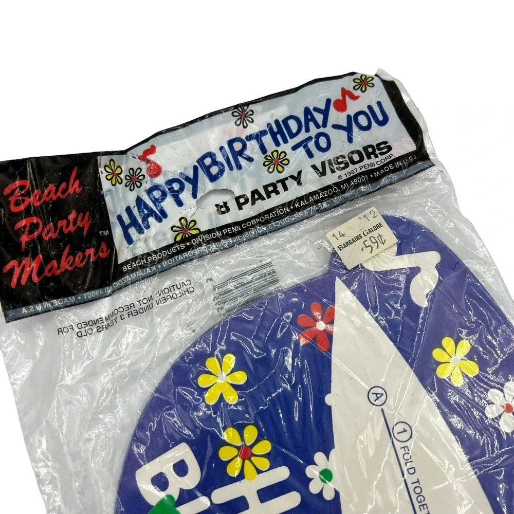 Vintage 1987 Happy Birthday To You Blue Floral Party Hat Visors, NOS, 8 Count
